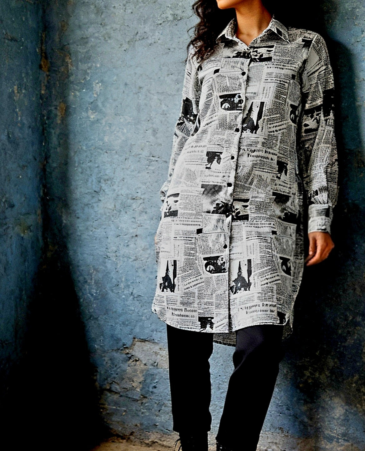 HEADLINE | Printed Newspaper Long Shirt | NEWS by Samia FIaz